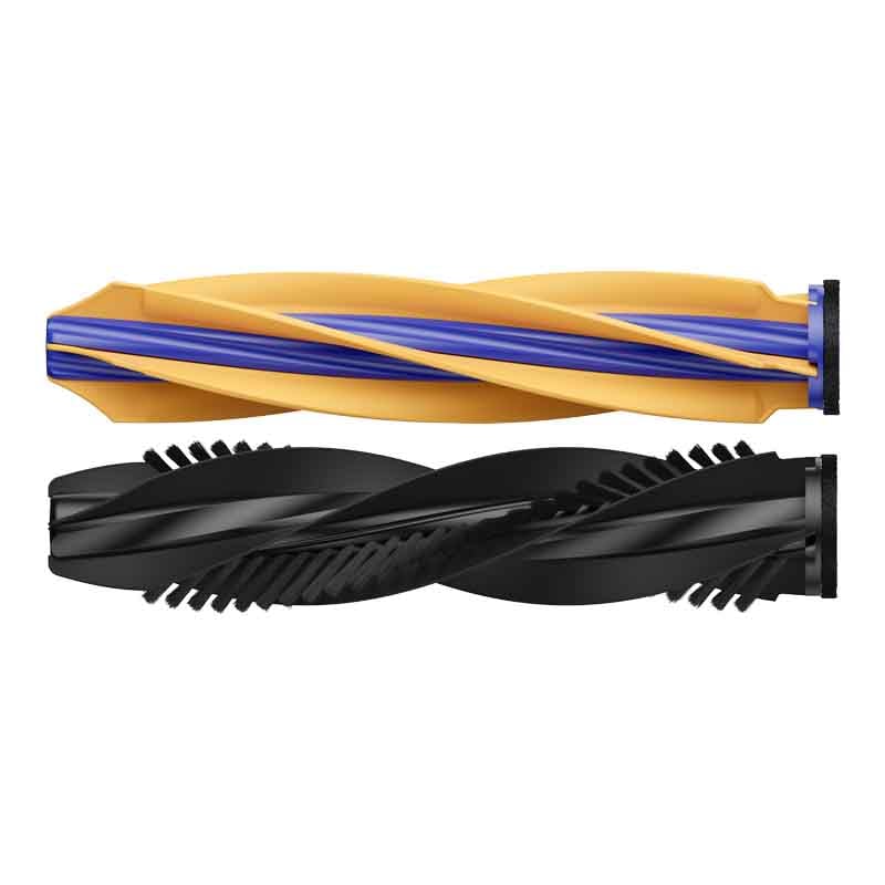 Dwie szczotki główne robota sprzątającego, jedna żółto-niebieska, druga czarna